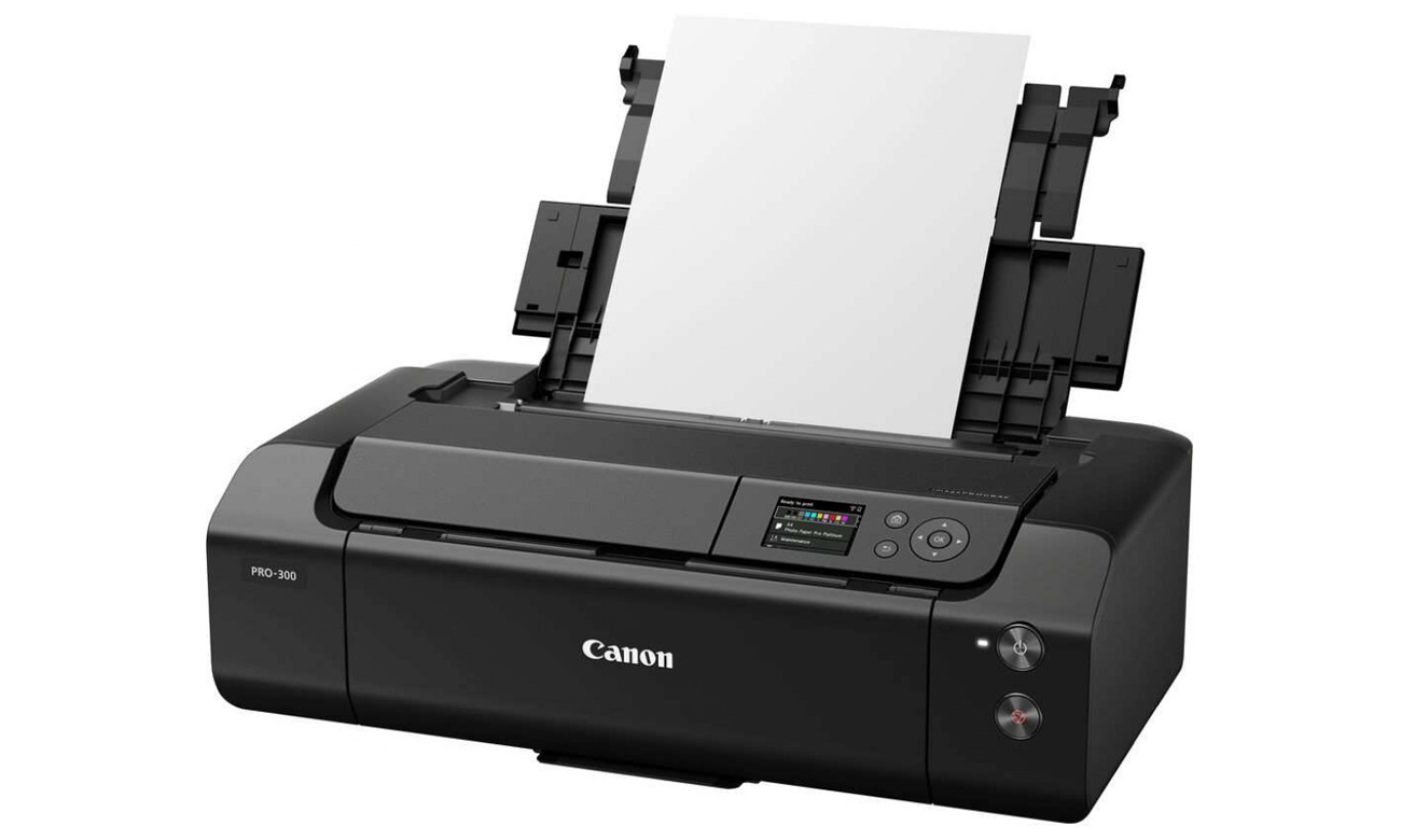 Canon IMAGEPROGRAF PRO-300 widok z przodu pod kątem, podajnik papieru