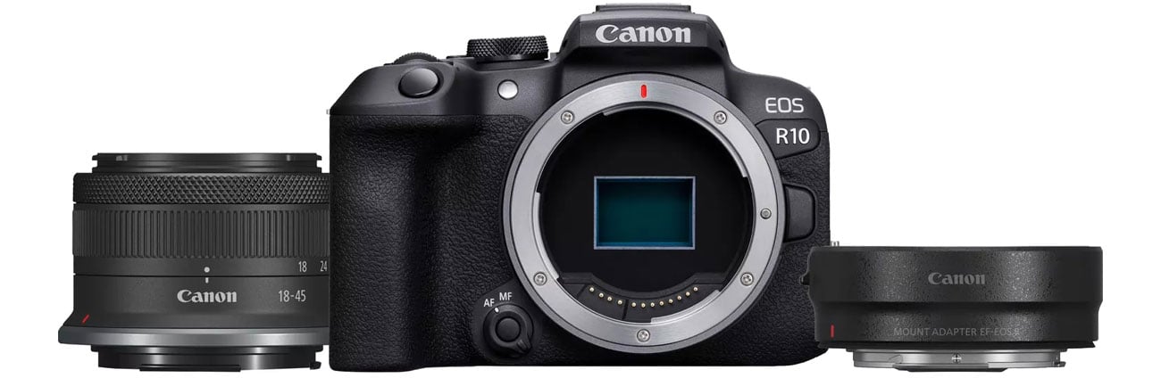 Aparat Canon EOS R10, obiekty RF-S 18-45 mm, adapter EF-EOS R