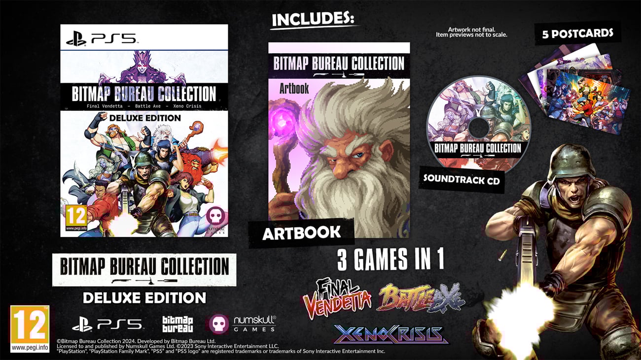 Grafika prezentująca zawartość Edycji Deluxe zestawu gier Bitmap Bureau Collection na PS5