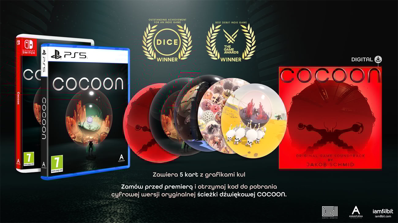 Grafika prezentująca zawartość wydania pudełkowego gry COCOON