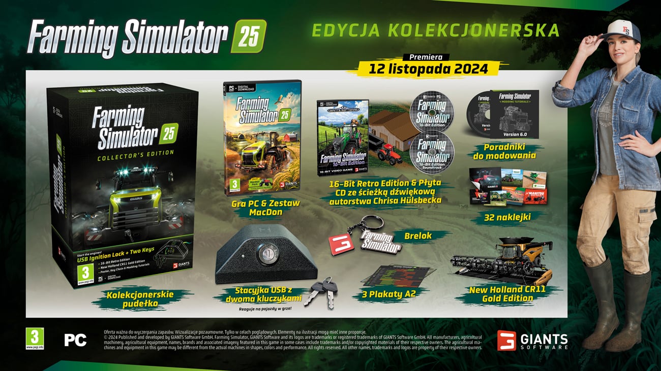 Grafika prezentująca zawartość Edycji Kolekcjonerskiej gry Farming Simulator 25