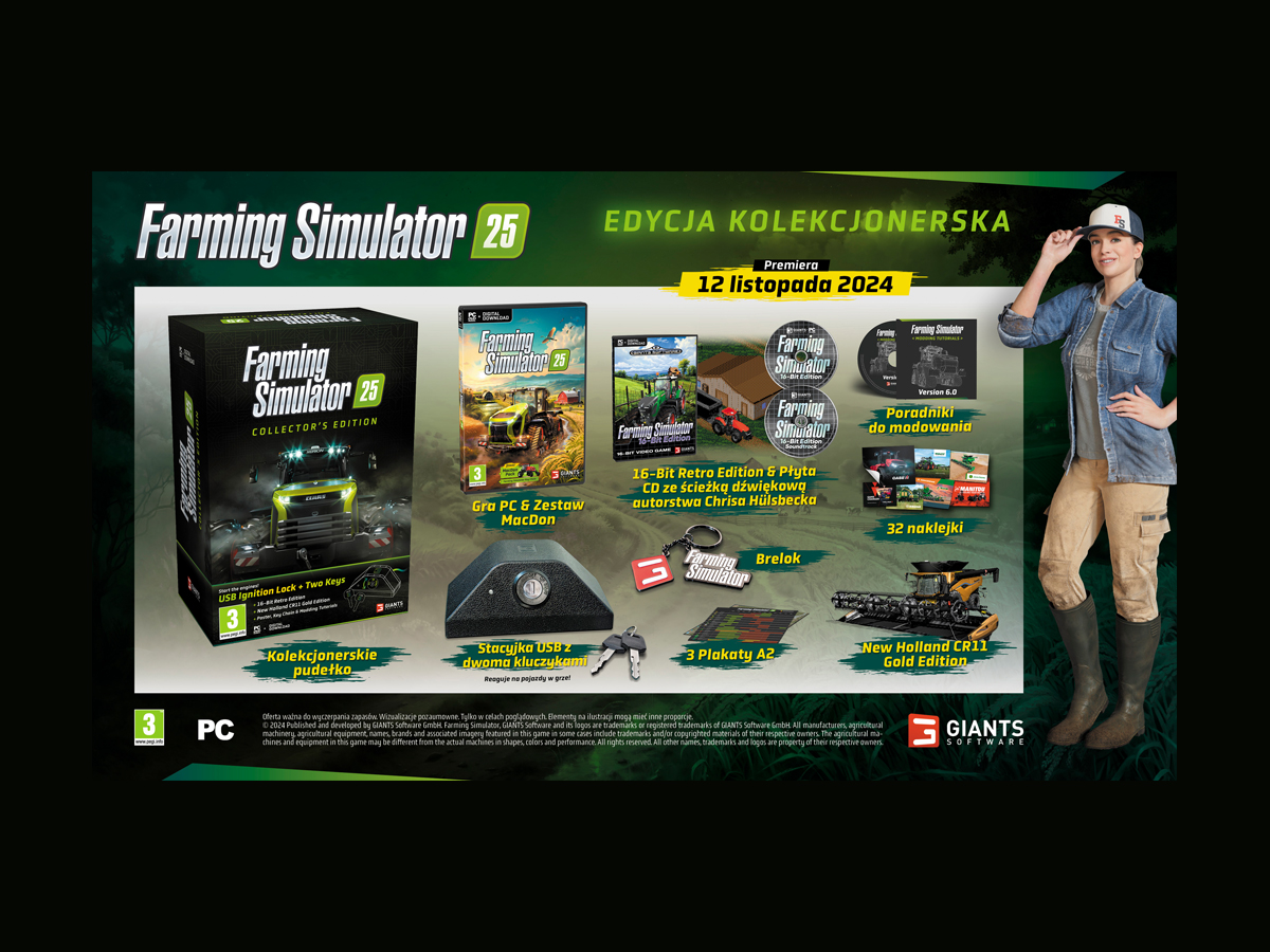 Grafika prezentująca zawartość Edycji Kolekcjonerskiej gry Farming Simulator 25