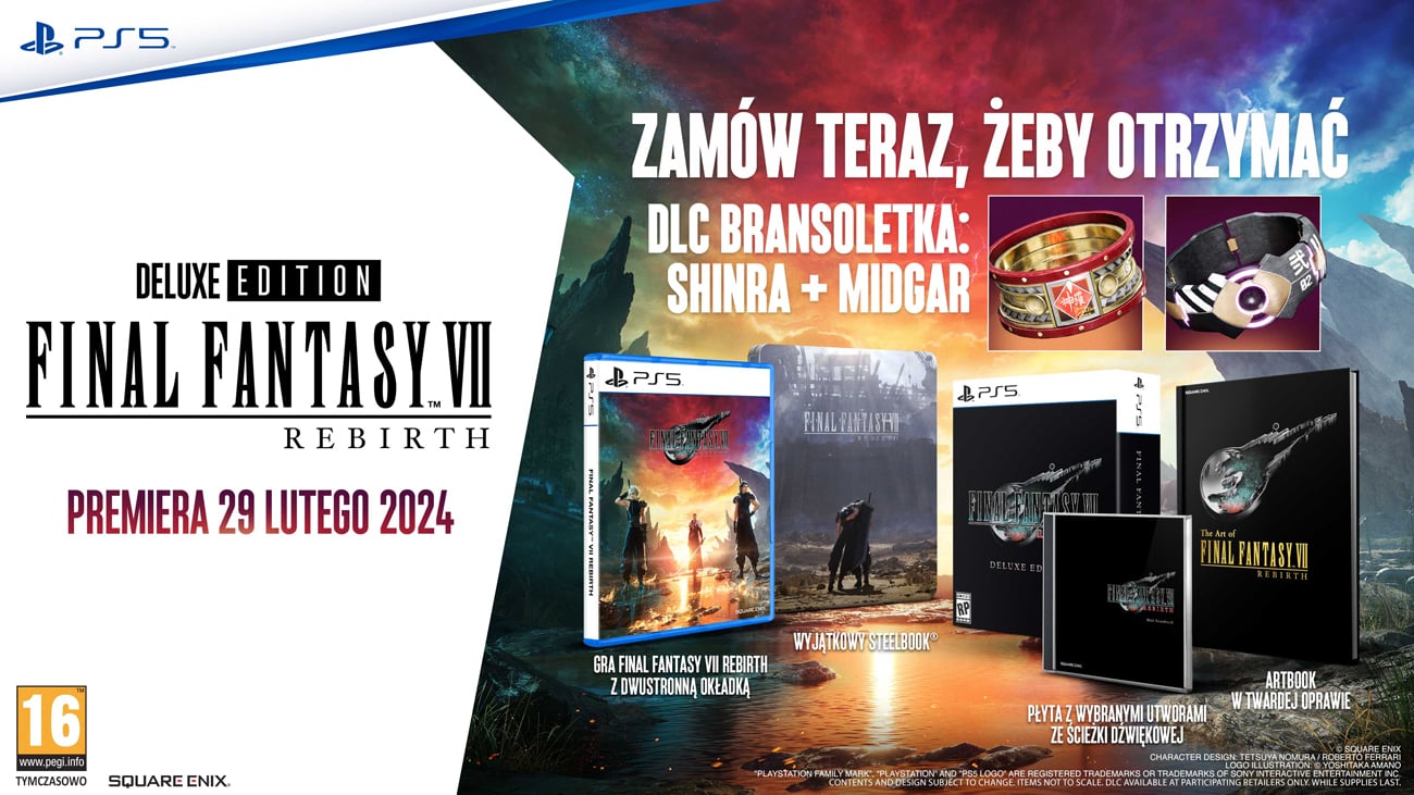 Grafika prezentująca zawartość Edycji Deluxe i dodatku przedsprzedażowego do gry Final Fantasy VII Rebirth