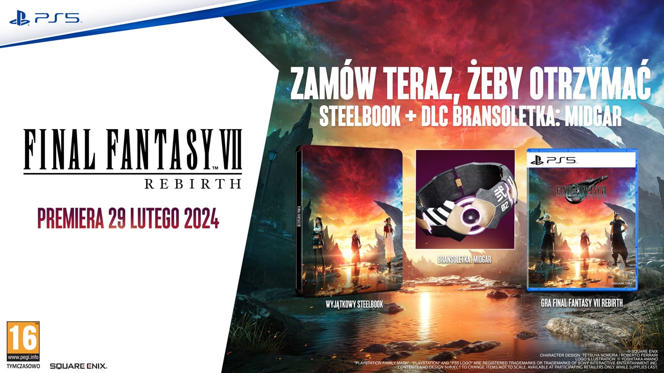 Grafika prezentująca zawartość Edycji Standard i dodatku przedsprzedażowego do gry Final Fantasy VII Rebirth