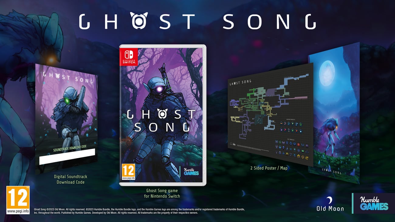 Grafika prezentująca zawartość wydania fizycznego gry Ghost Song na Nintendo Switch