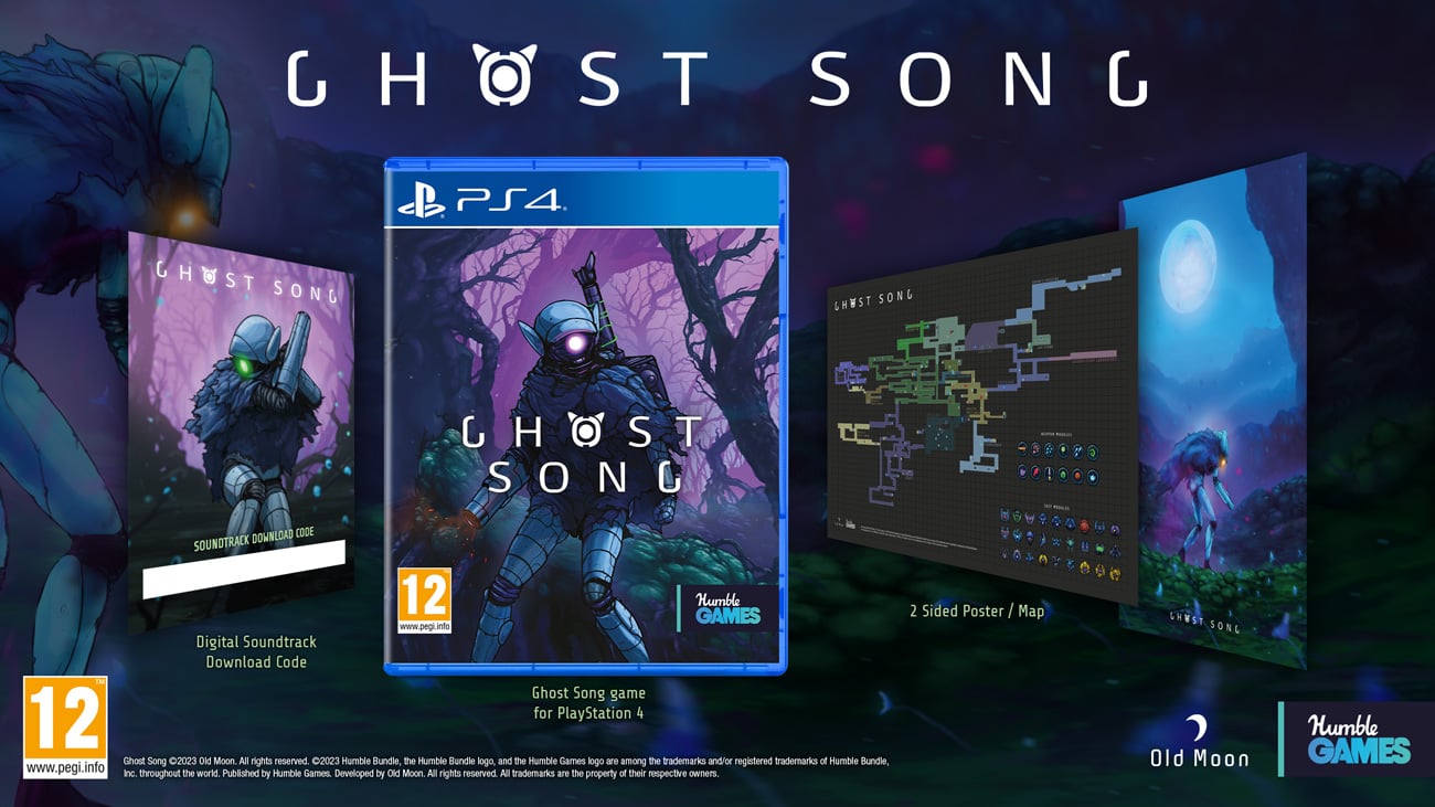 Grafika prezentująca zawartość wydania fizycznego gry Ghost Song na PlayStation 4