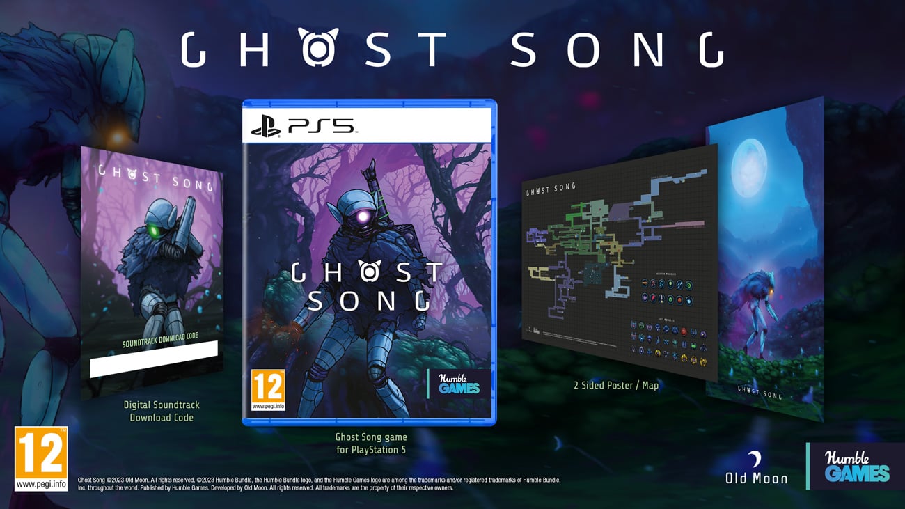 Grafika prezentująca zawartość wydania fizycznego gry Ghost Song na PlayStation 5