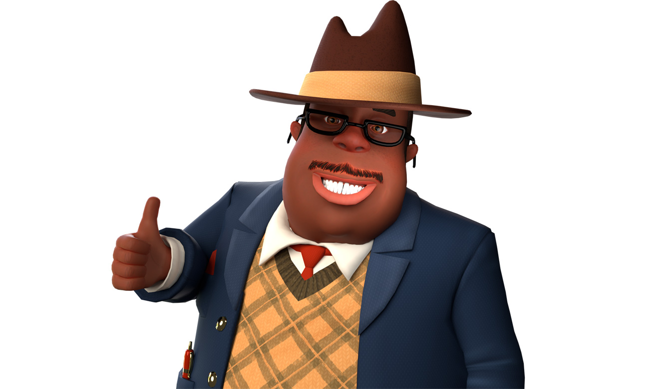 Grafika przedstawiająca przypinkę z wizerunkiem Mayora Tavisha z gry Hello Neighbor 2