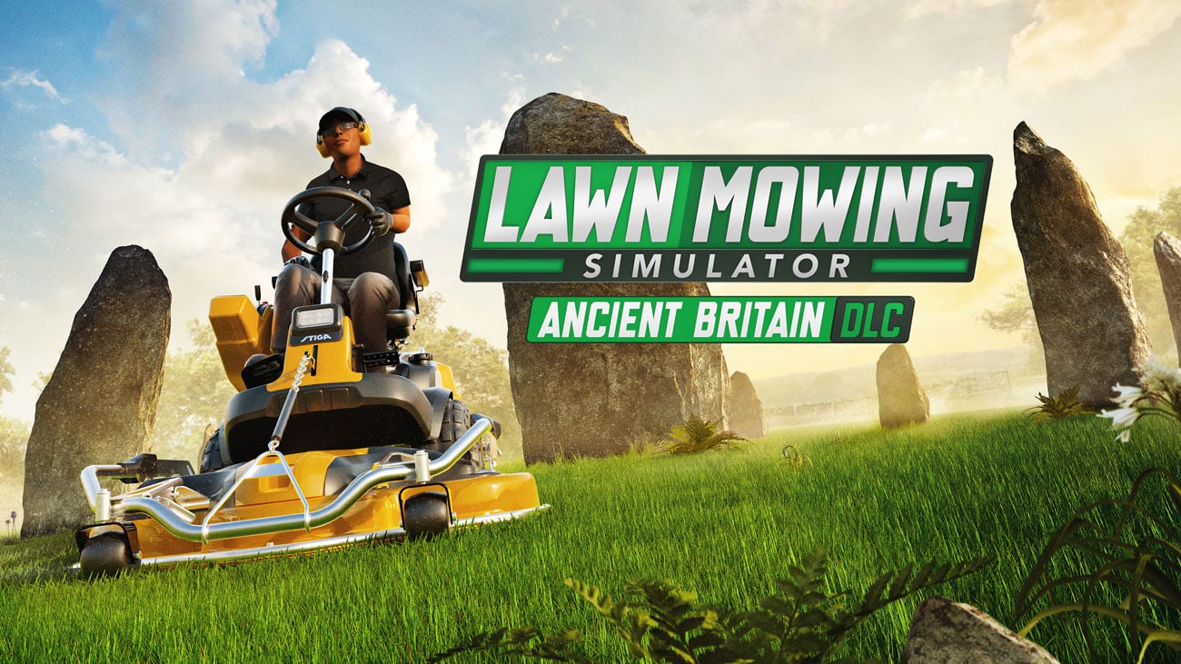 Grafika keyart do dodatku DLC Ancient Britain do gry Lawn Mowing Simulator: Landmark Edition