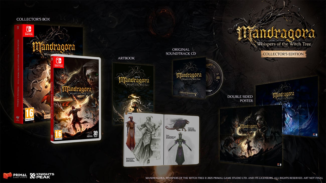 Zawartość Edycji Kolekcjonerskiej gry Mandragora: Whispers of the Witch Tree na Nintendo Switch