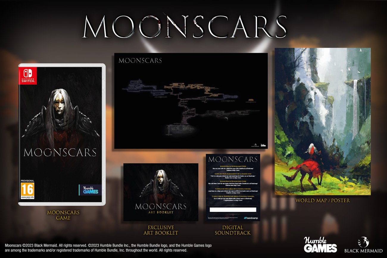 Grafika prezentująca zawartość wydania fizycznego gry Moonscars na Nintendo Switch