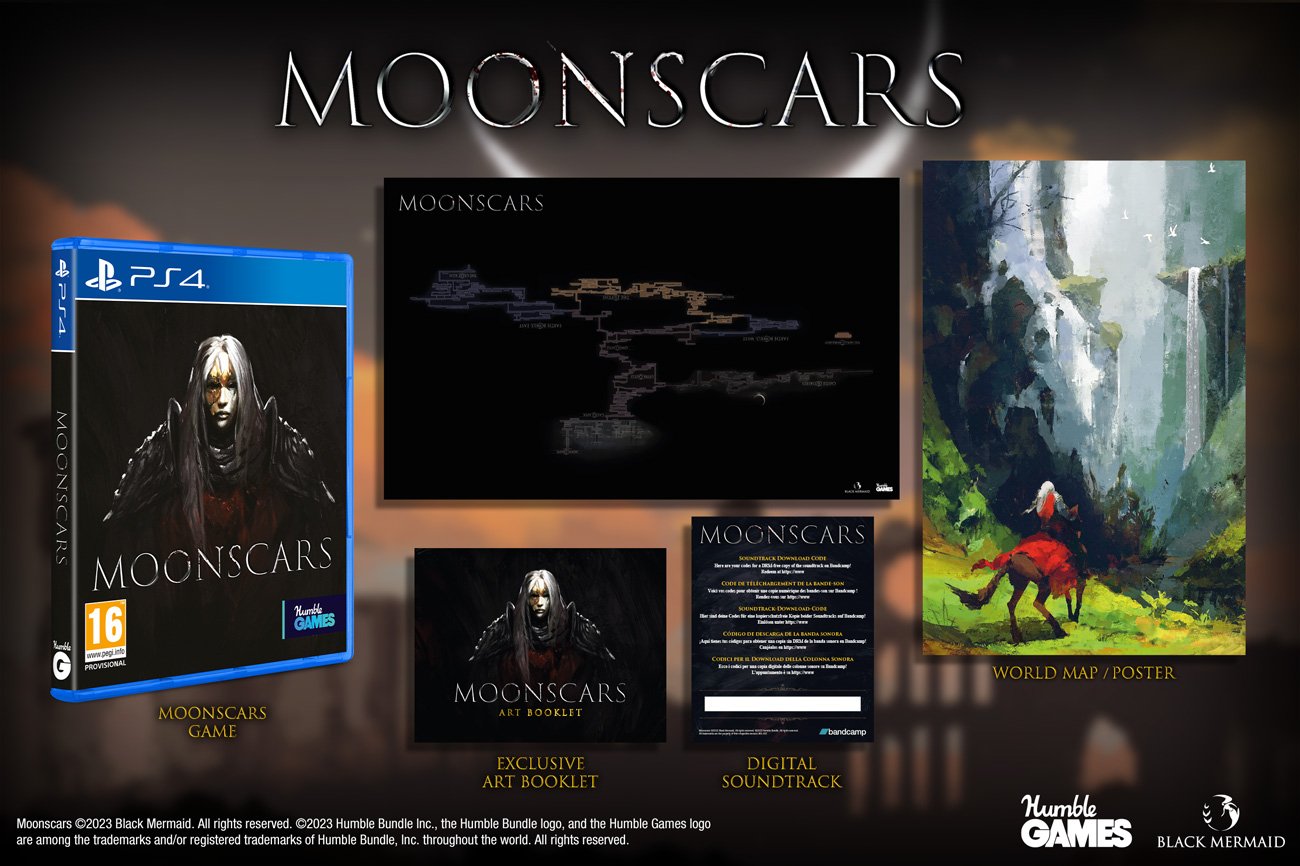 Grafika prezentująca zawartość wydania fizycznego gry Moonscars na PlayStation 4