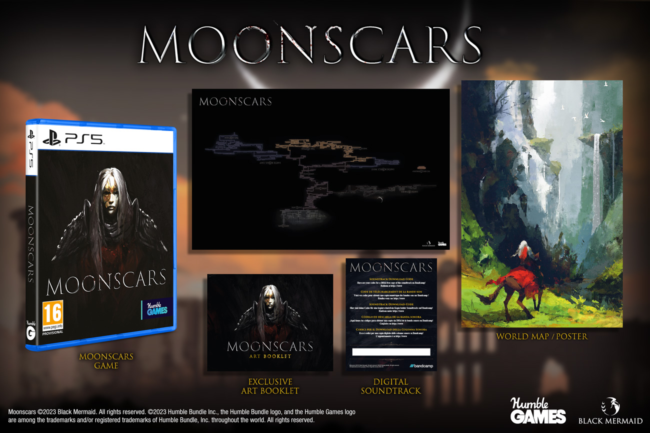 Grafika prezentująca zawartość wydania fizycznego gry Moonscars na PlayStation 5