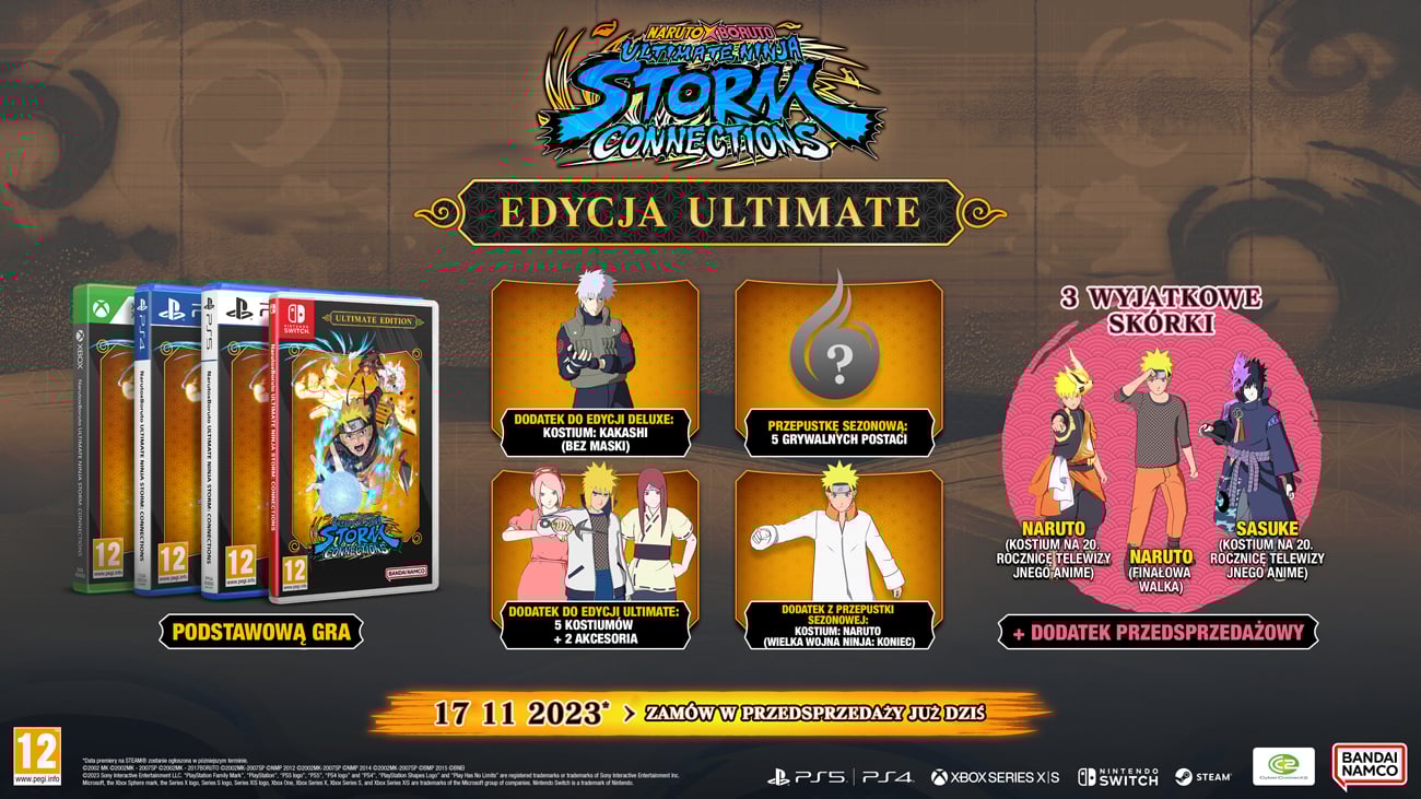 Grafika prezentująca dodatki do zamówień przedpremierowych i zawartość gry NARUTO X BORUTO Ultimate Ninja STORM CONNECTIONS Edycja Ultimate