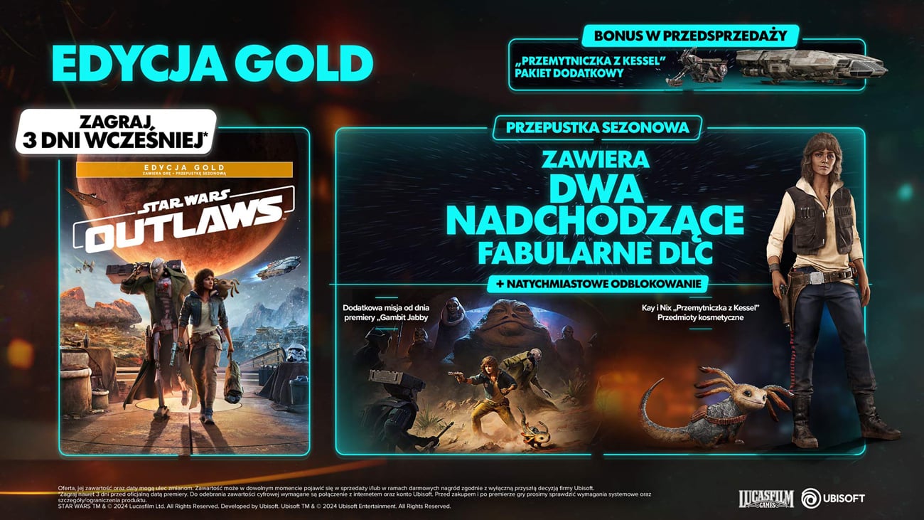 Grafika prezentująca zawartość Edycji Gold i dodatków przedpremierowych do gry Star Wars Outlaws