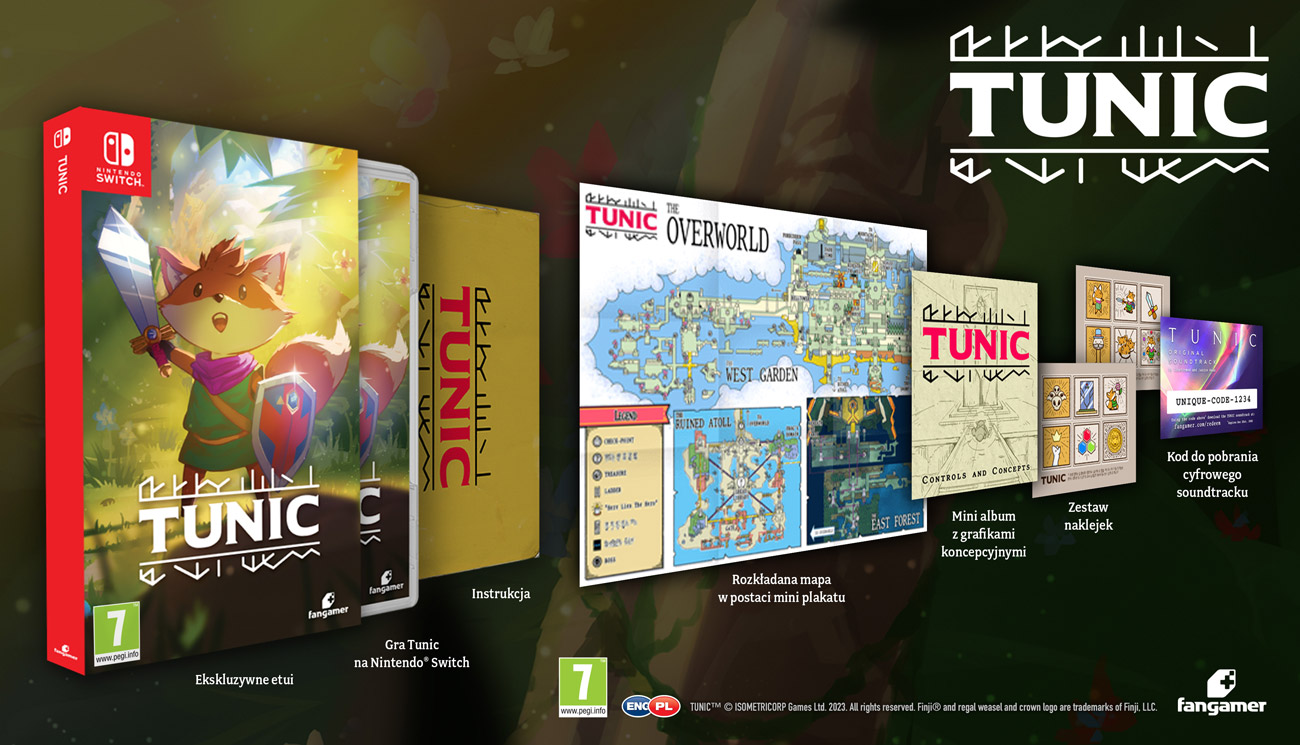 Grafika prezentująca zawartość wydania fizycznego TUNIC na Nintendo Switch