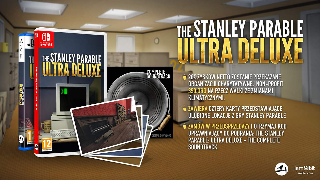Grafika prezentująca zawartość i dodatki przedsprzedażowe gry The Stanley Parable: Ultra Deluxe.