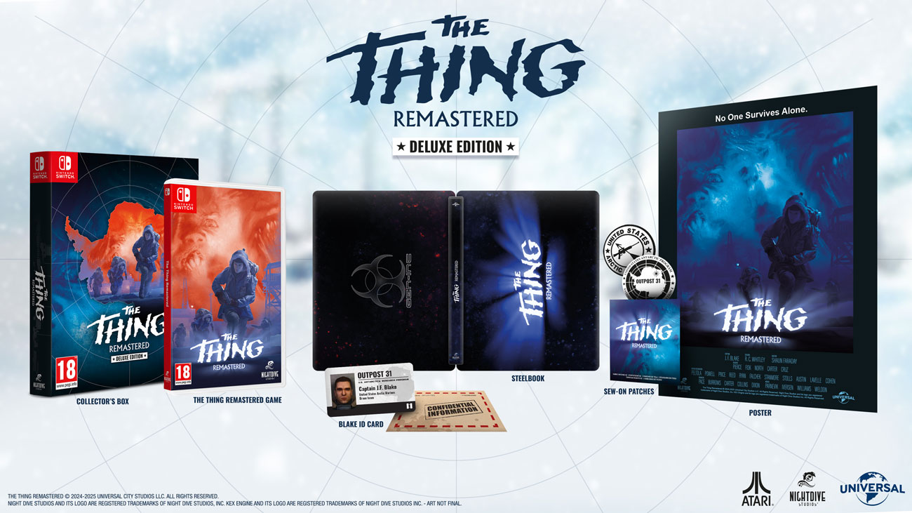 Grafika prezentująca zawartość Edycji Deluxe gry The Thing: Remastered na Nintendo Switch