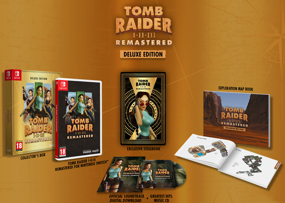Grafika z zawartością wydania Tomb Raider I-III Remastered Deluxe Edition na Nintendo Switch