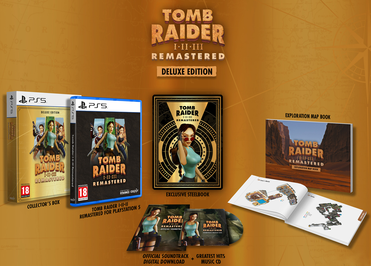 Grafika z zawartością wydania Tomb Raider I-III Remastered Deluxe Edition na PlayStation 5