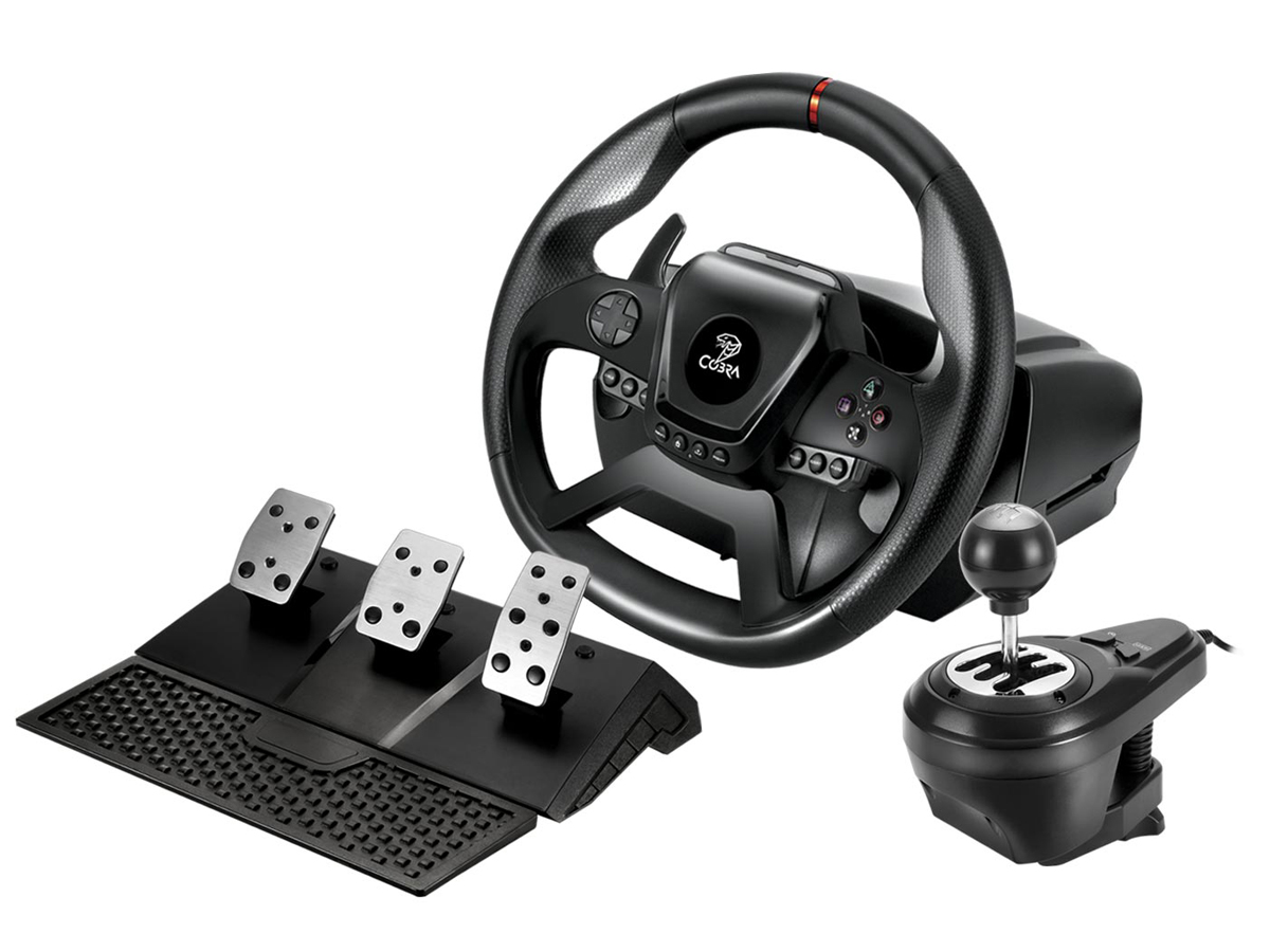 Kierownica Cobra GT987 Force Feedback - Widok od przodu pod kątem wraz z pedałami i skrzynią zmiany biegów