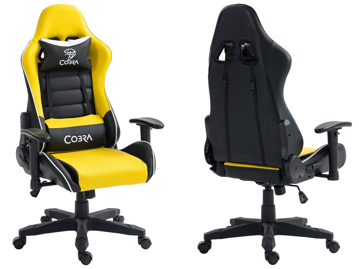 Fotel gamingowy Cobra Rebel CR201 Żółto-czarny - Widok od przodu i od tyłu pod kątem