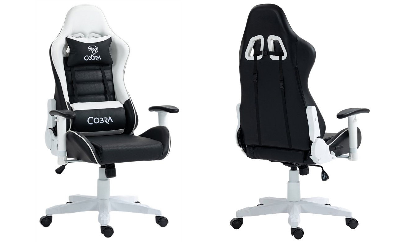 Fotel gamingowy Cobra Rebel CR202 Biało-czarny - Widok od przodu i od tyłu pod kątem
