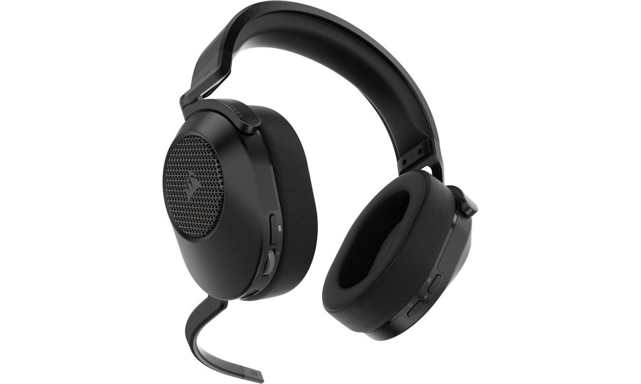 Bezprzewodowy zestaw słuchawkowy Corsair HS65 Wireless Carbon - Widok od przodu pod kątem + mikrofon