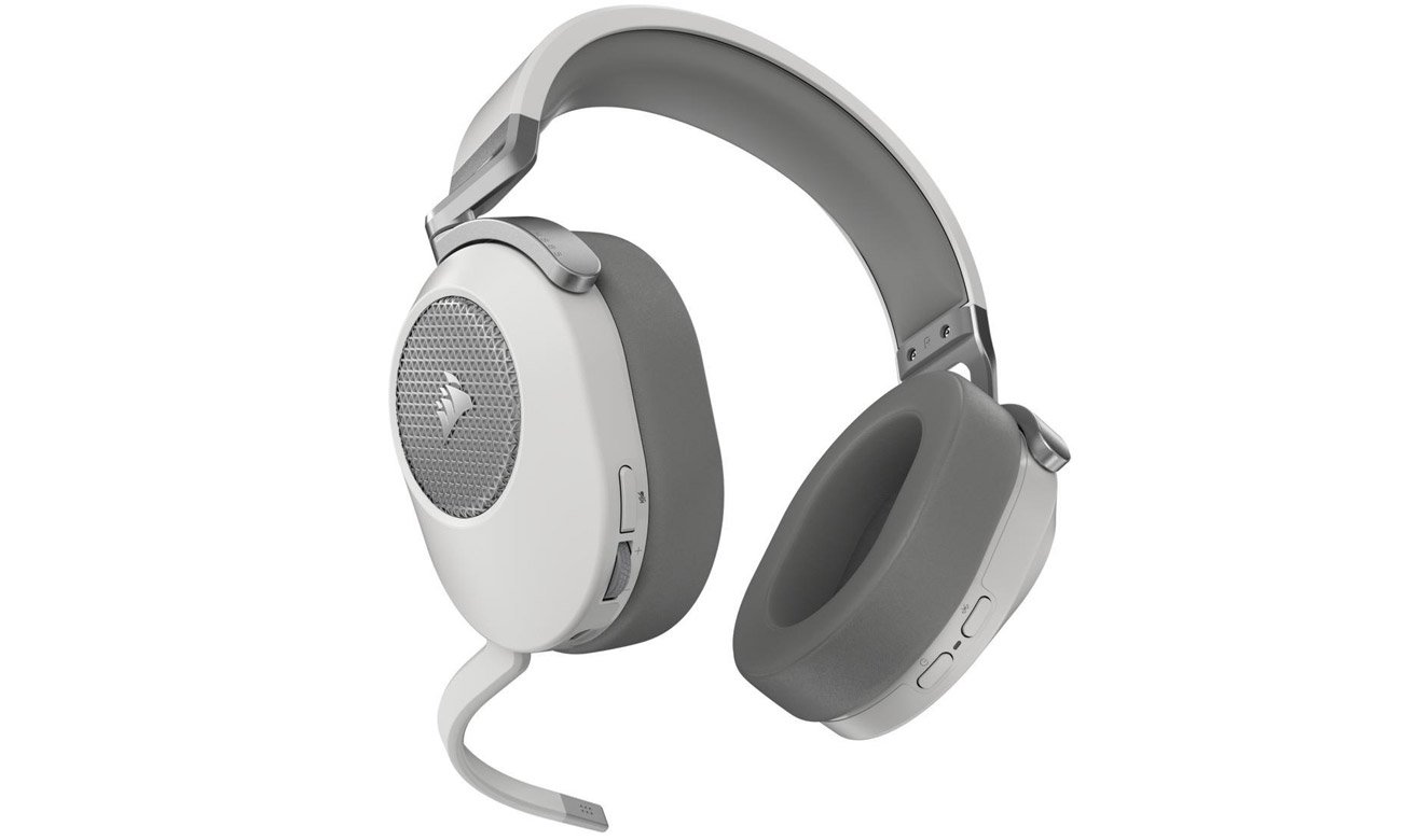 Bezprzewodowy zestaw słuchawkowy Corsair HS65 Wireless White - Widok od przodu pod kątem + mikrofon