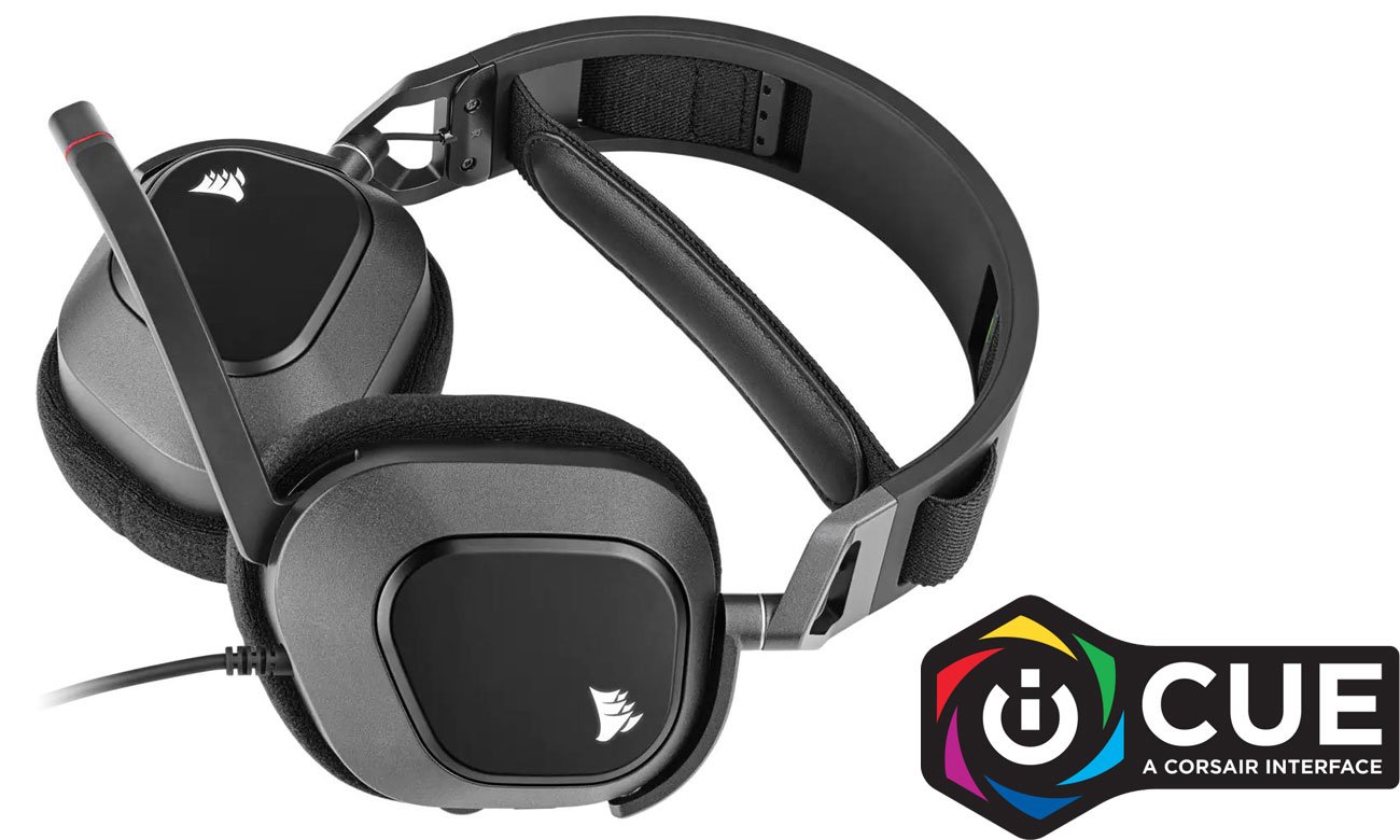Zestaw słuchawkowy Corsair HS80 RGB USB White - Widok na płasko + logotyp CORSAIR iCUE