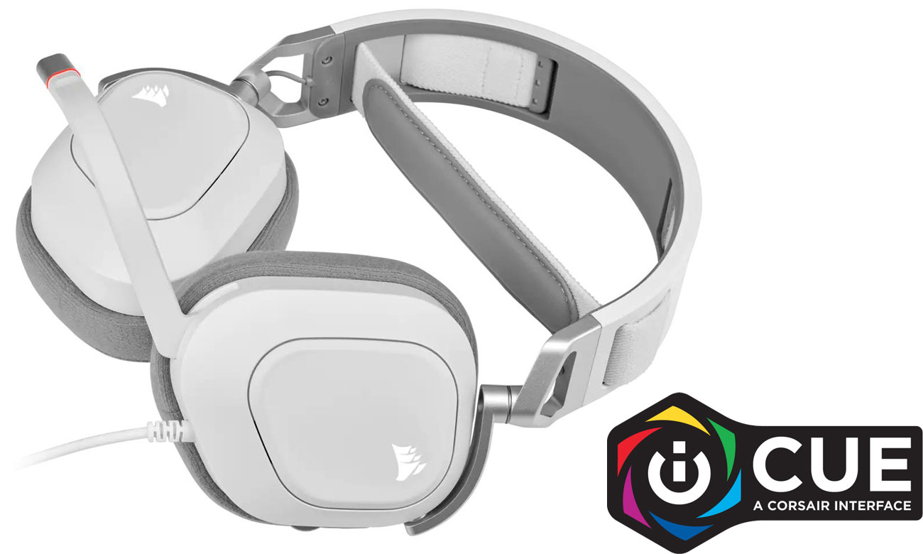 Zestaw słuchawkowy Corsair HS80 RGB USB White - Widok na płasko + logotyp CORSAIR iCUE