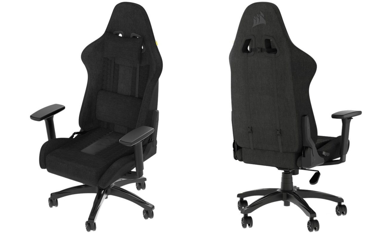 Fotel gamingowy Corsair TC100 RELAXED Fabric Czarny - Widok od przodu i od tyłu pod kątem