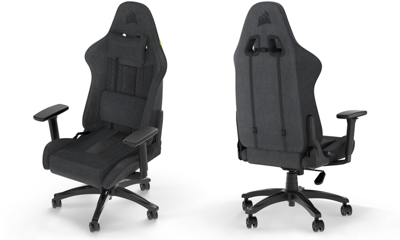 Fotel gamingowy Corsair TC100 RELAXED Fabric Czarno-szary - Widok od przodu i od tyłu pod kątem