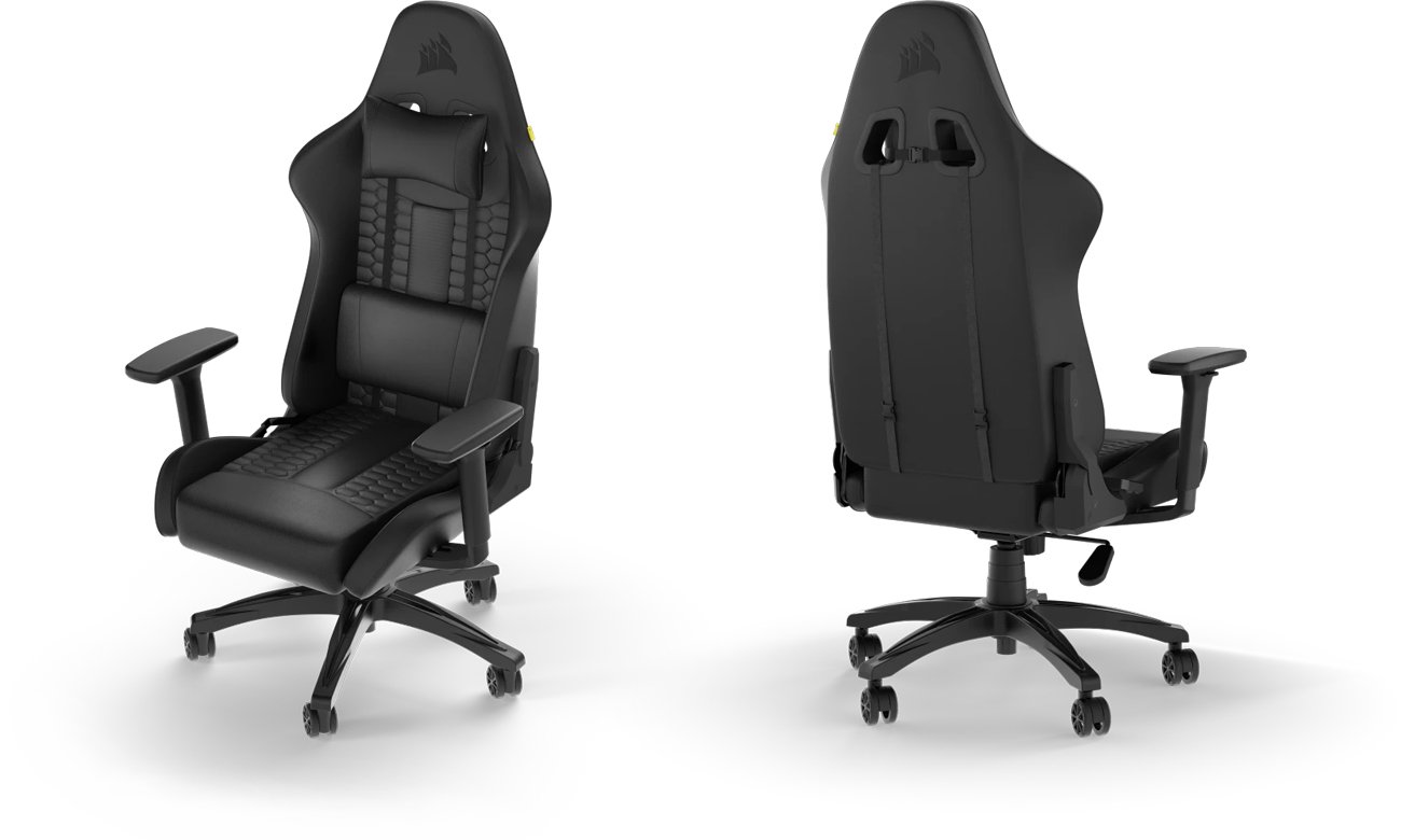 Fotel gamingowy Corsair TC100 RELAXED Leatherette Czarny - Widok od przodu i od tyłu pod kątem