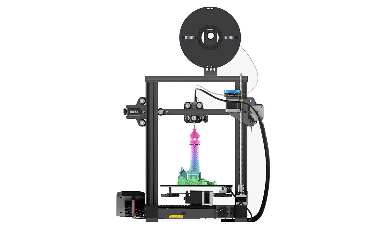 CREALITY Ender-3 V2 Neo podczas drukowania projektu, widok z przodu