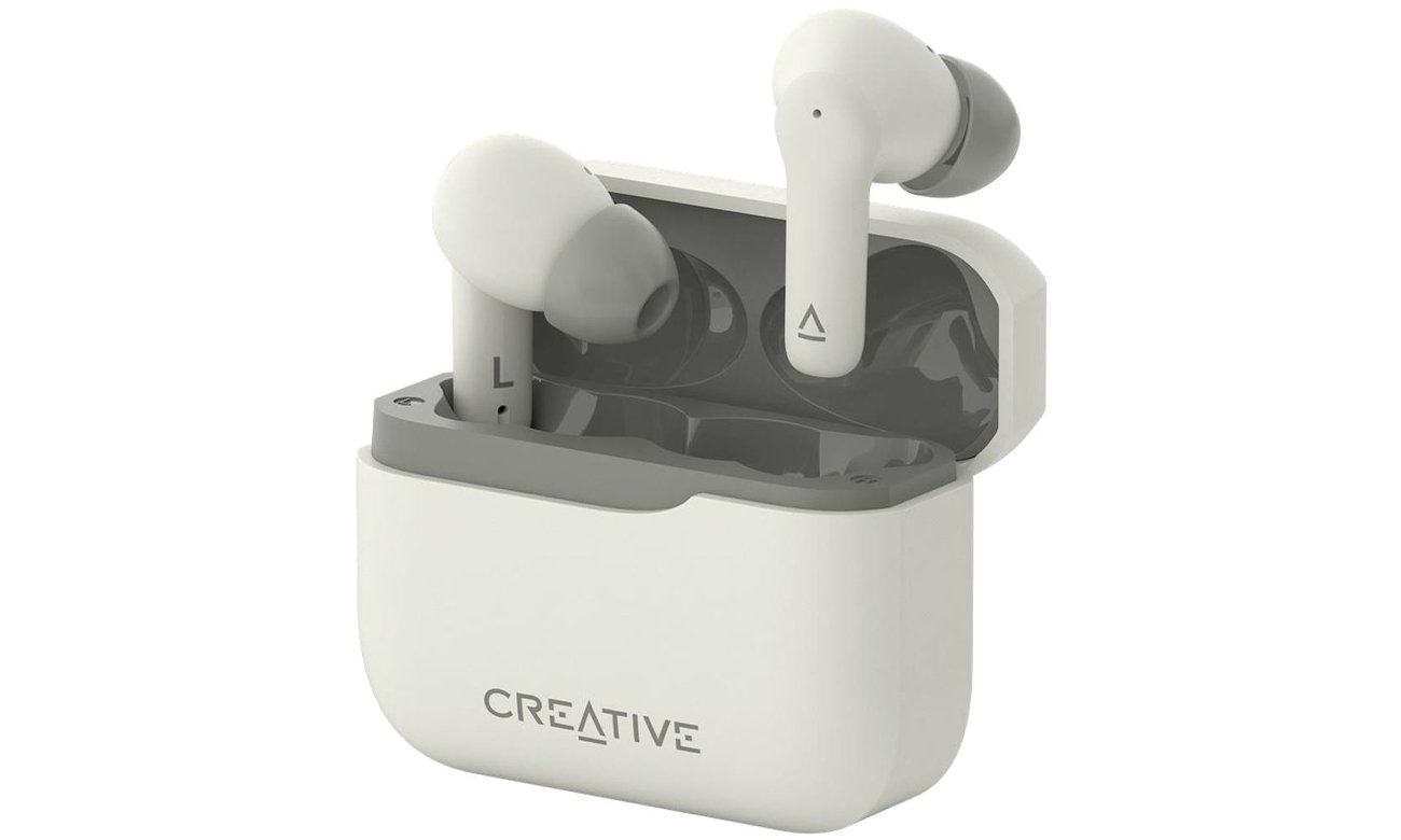 Słuchawki bezprzewodowe Creative Zen Air Plus - Widok od przodu pod kątem wraz z otwartym etui ładującym