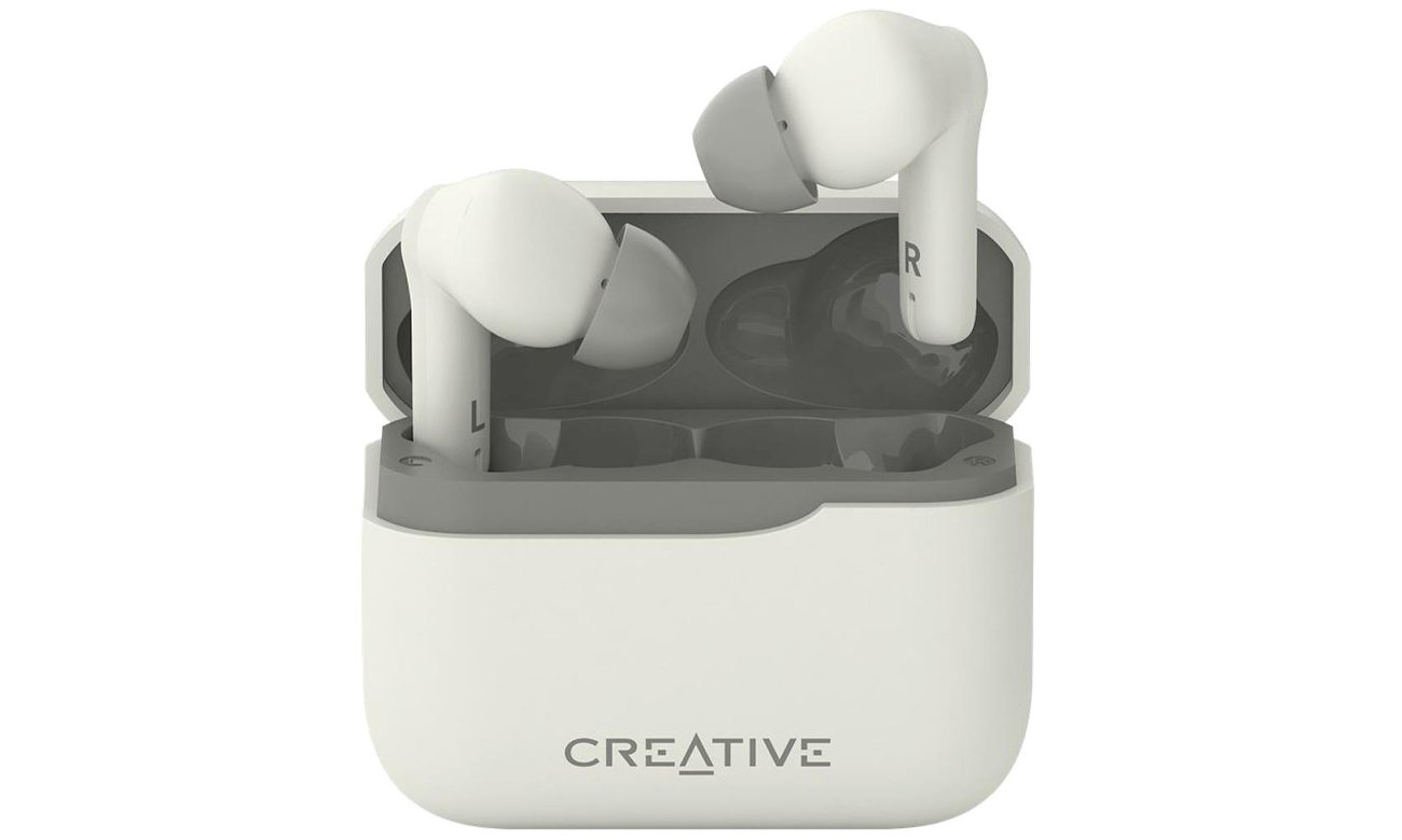 Słuchawki bezprzewodowe Creative Zen Air Plus - Widok od przodu wraz z otwartym etui ładującym