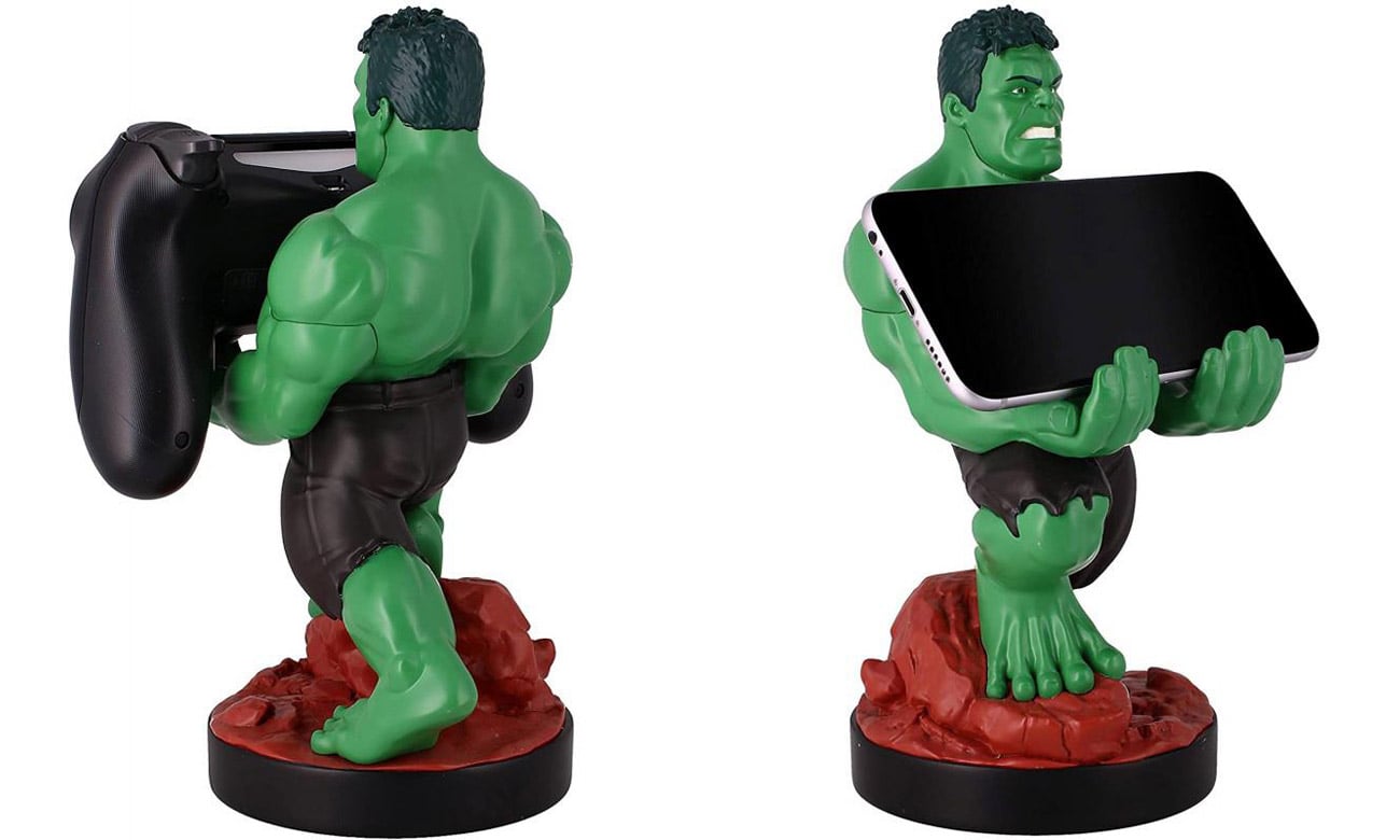 Figurka Cable Guys Hulk - Widok od przodu i od tyłu pod kątem, uchwyt na kontroler i smartfon