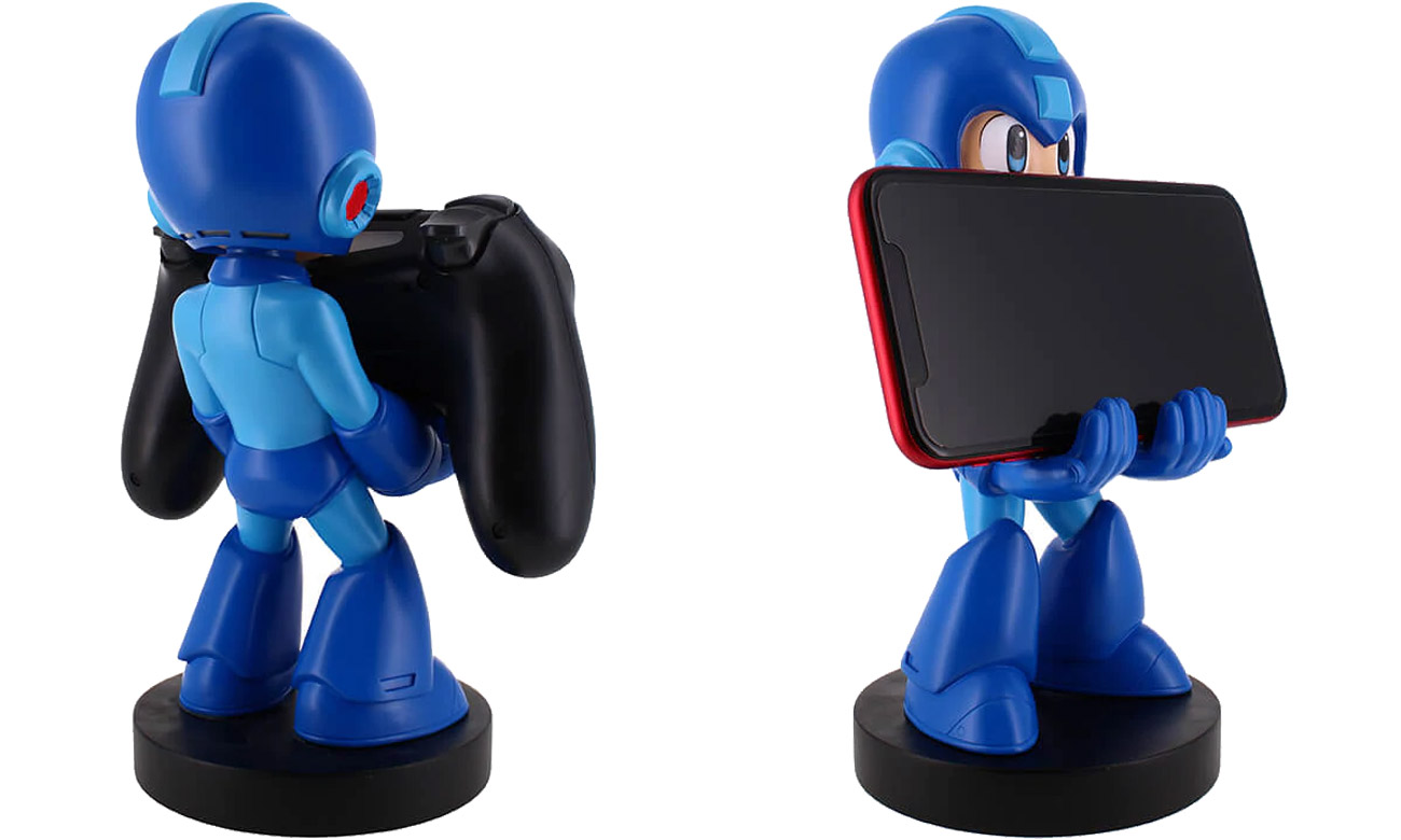 Figurka Cable Guys Mega Man - Widok od tyłu i od przodu pod kątem + kontroler i smartfon