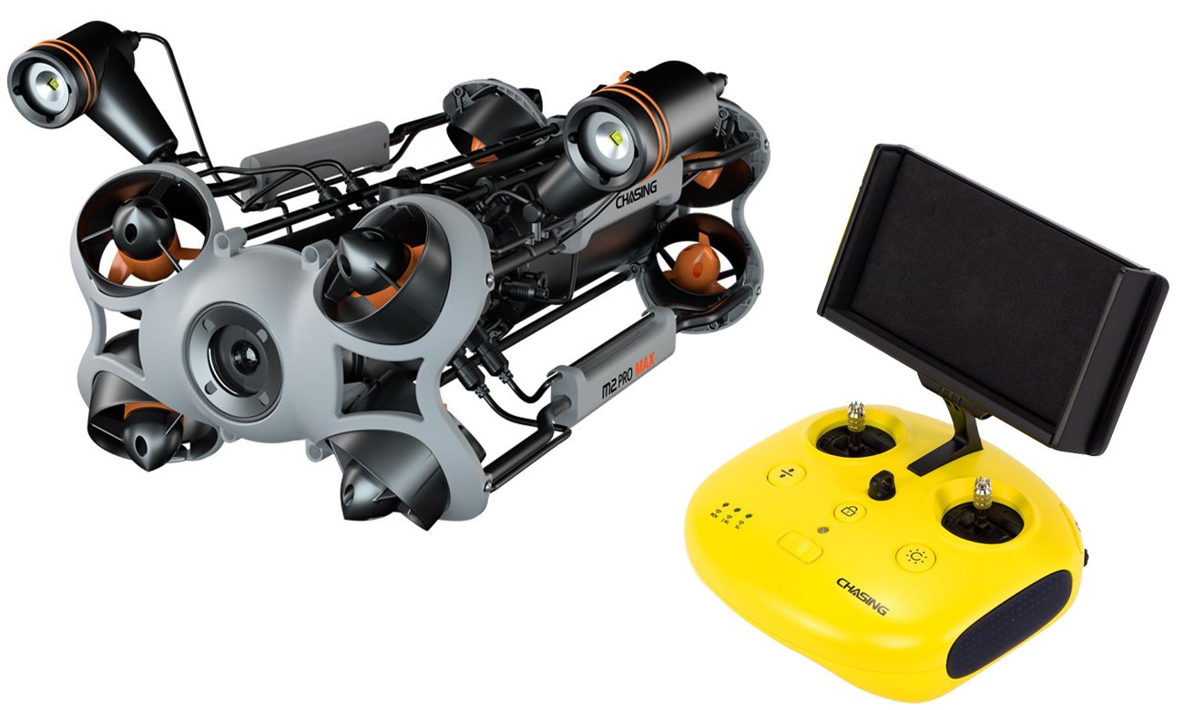 Dron podwodny Chasing M2 Pro Max - Widok od przodu pod kątem + aparatura sterująca