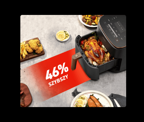 Frytkownica Cosori z upieczonym kurczakiem obok innych potraw, napis: 46% SZYBSZY