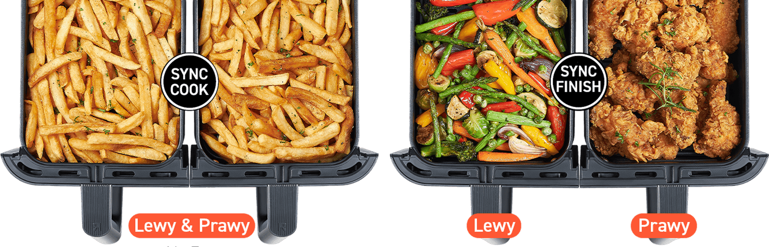 Dwa kosze Cosori Dual Basket Airfryer z frytkami, warzywami i mięsem, napisy SYNC COOK i SYNC FINISH, oznaczenia Lewy i Prawy