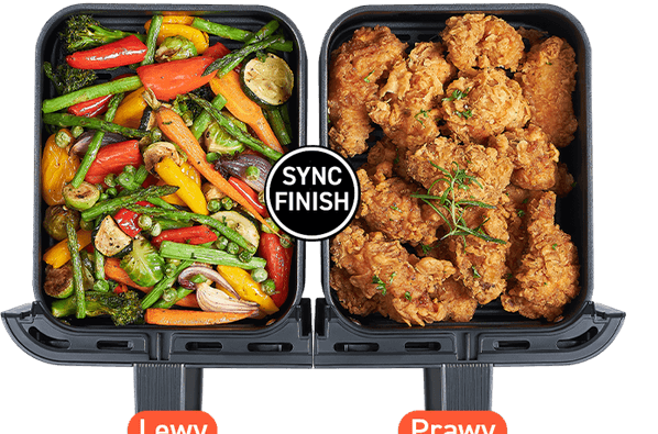 Kosz Cosori Dual Basket Airfryer z warzywami i mięsem, napisy SYNC FINISH, oznaczenia Lewy i Prawy