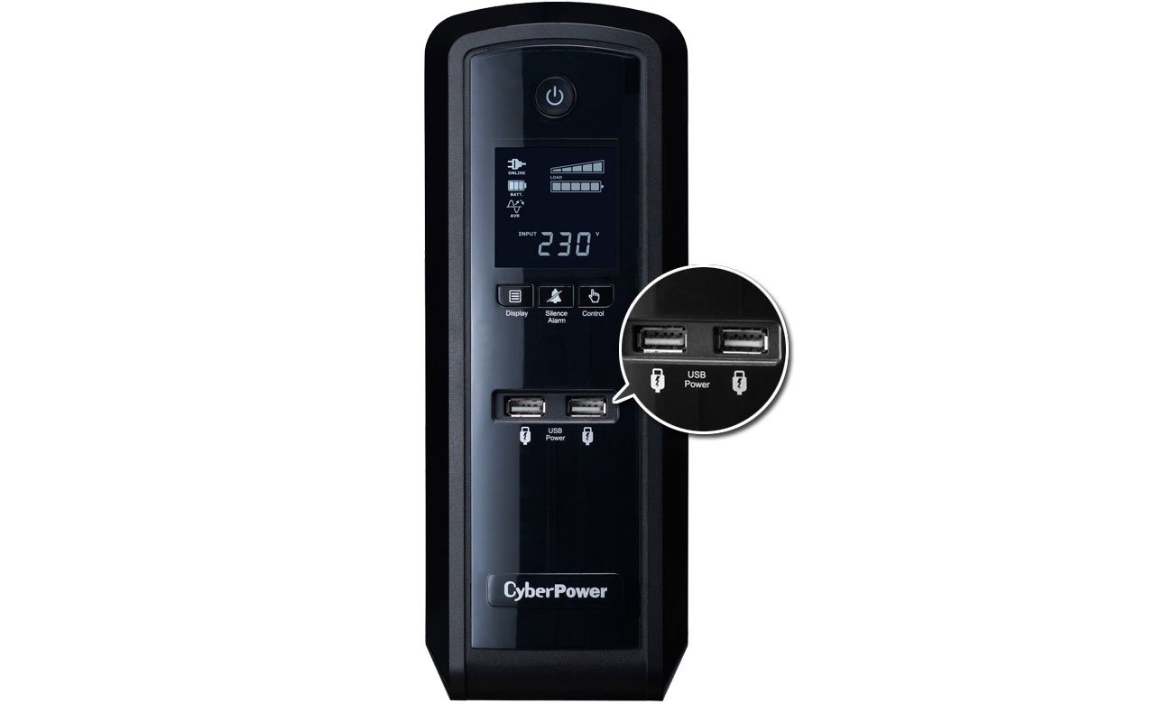 CyberPower CP1300EPFCLCD Widok z przodu, porty USB