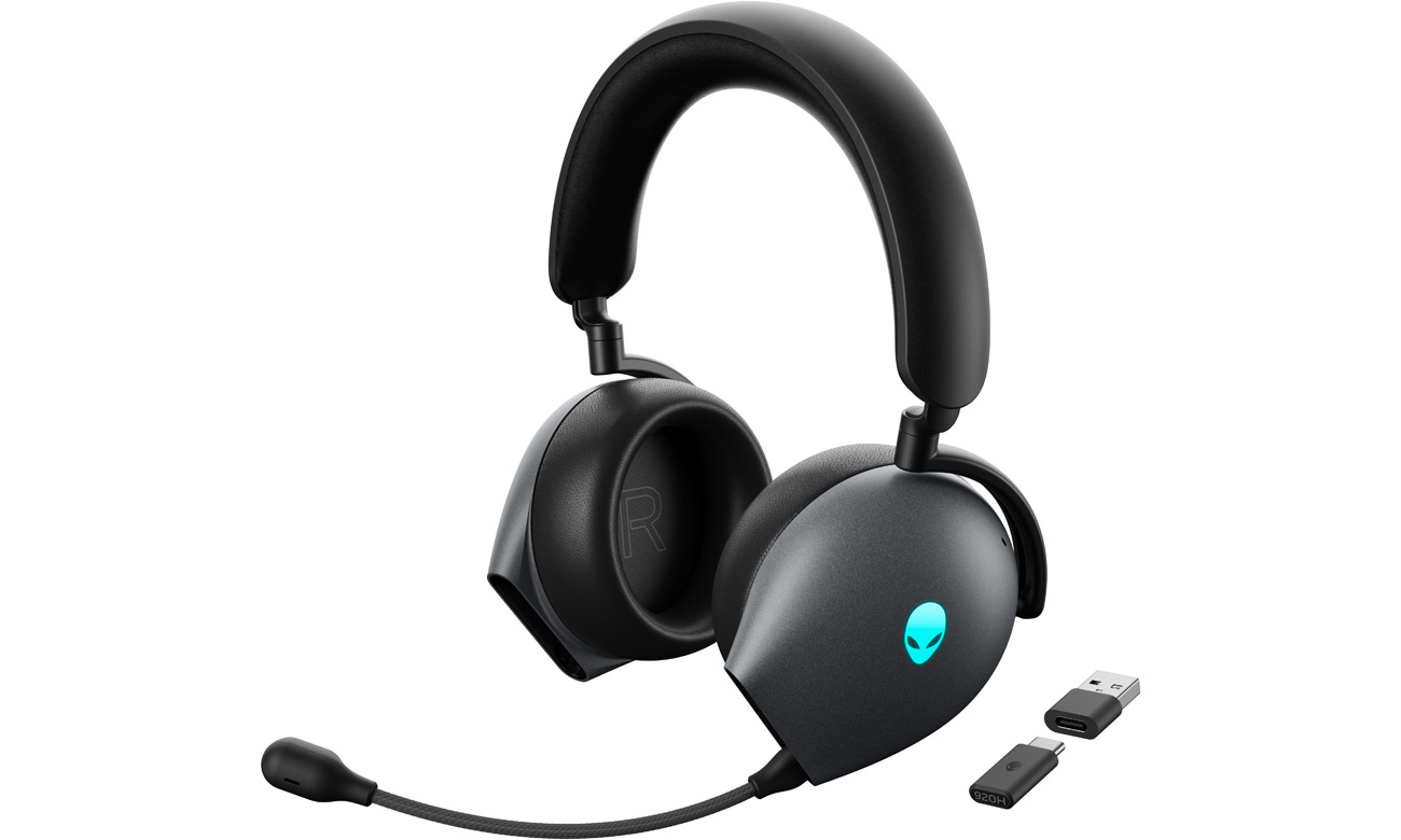 Bezprzewodowy zestaw słuchawkowy Dell Alienware Tri-Mode AW920H Dark Side of the Moon - Widok od przodu pod kątem + adaptery