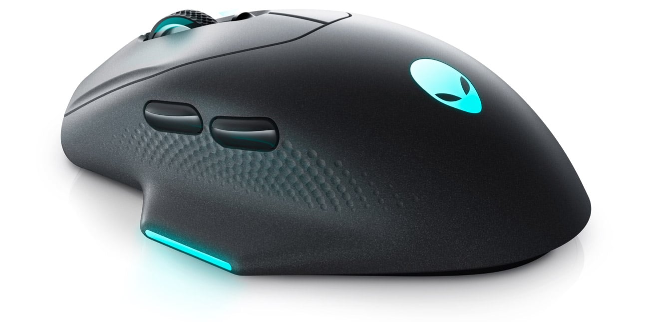 Dell ALIENWARE WIRELESS GAMING MOUSE - AW620M widok z boku, przyciski boczne