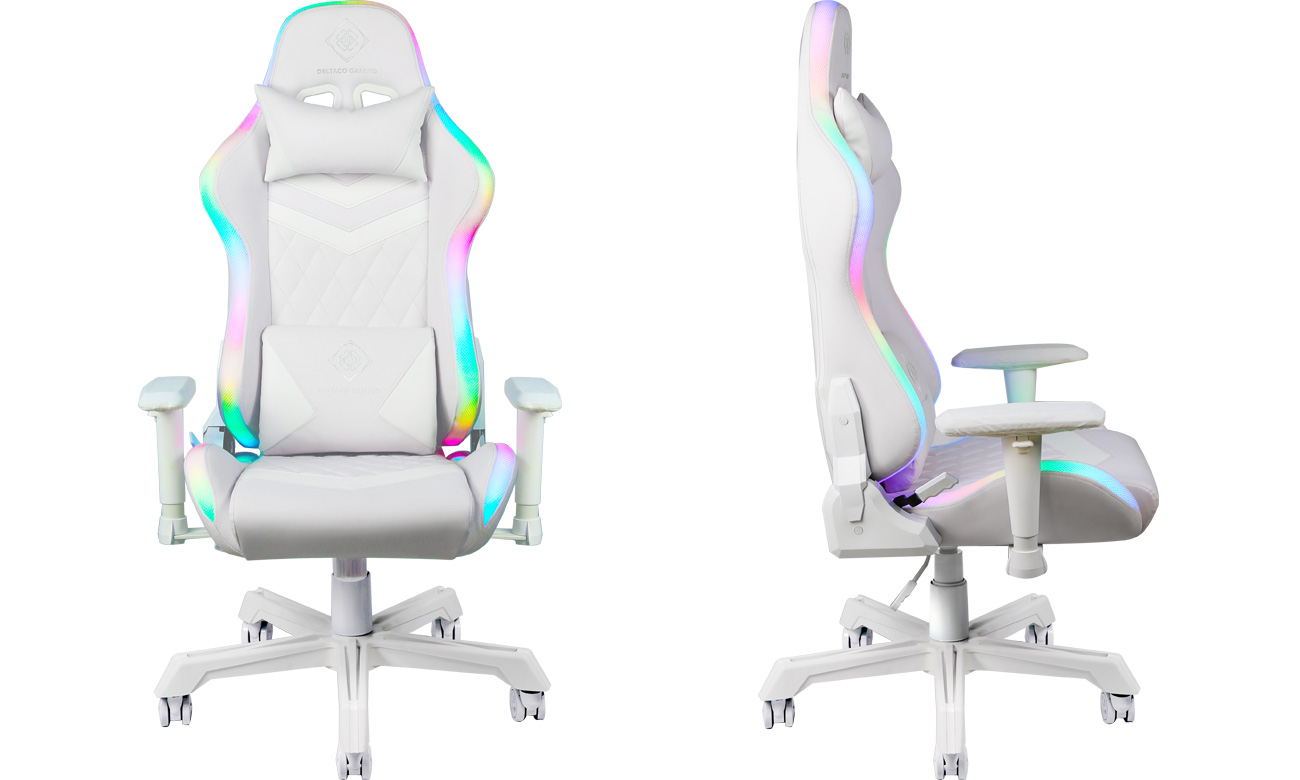 Fotel gamingowy Deltaco GAM-080-W RGB Biały - Widok od przodu i z boku