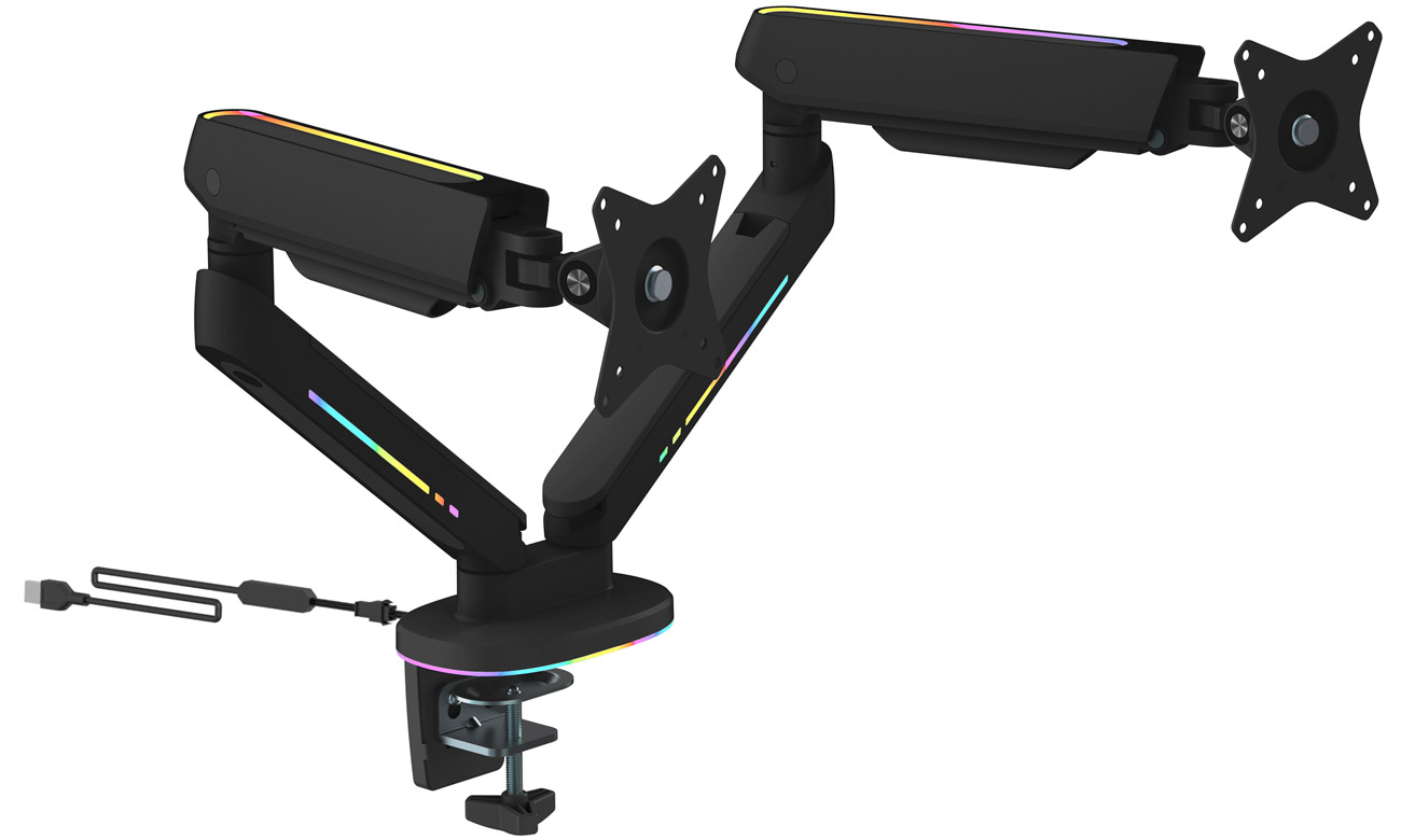 Podwójny uchwyt na monitory Deltaco GAM-135 z podświetleniem RGB - Widok od przodu pod kątem