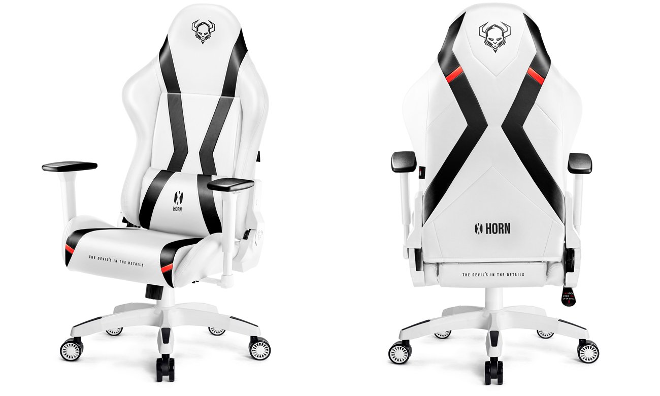 Fotel gamingowy Diablo Chairs X-Horn 2.0 Biało-czarny - Widok od przodu pod kątem i od tyłu