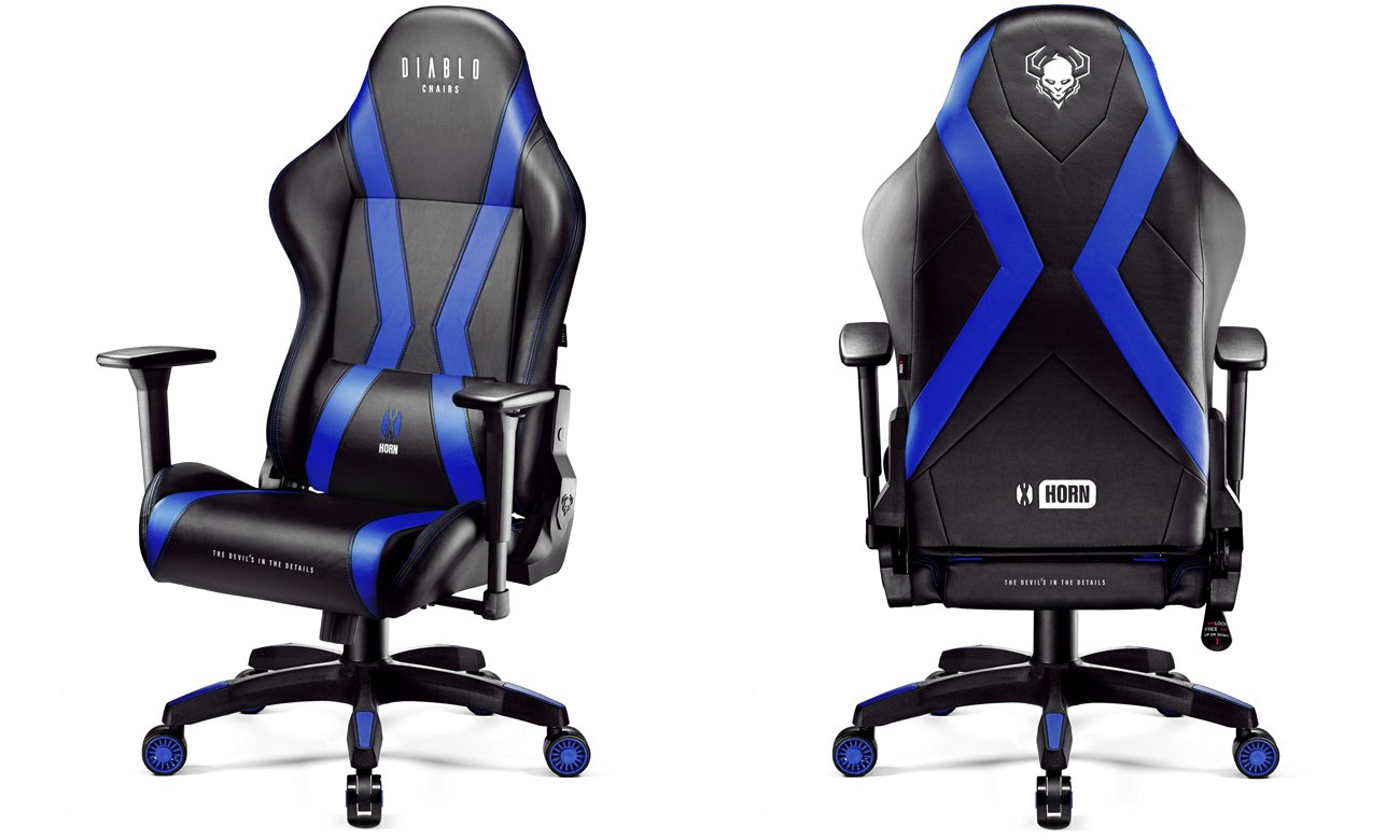 Fotel gamingowy Diablo Chairs X-Horn 2.0 Czarno-niebieski - Widok od przodu i od tyłu pod kątem